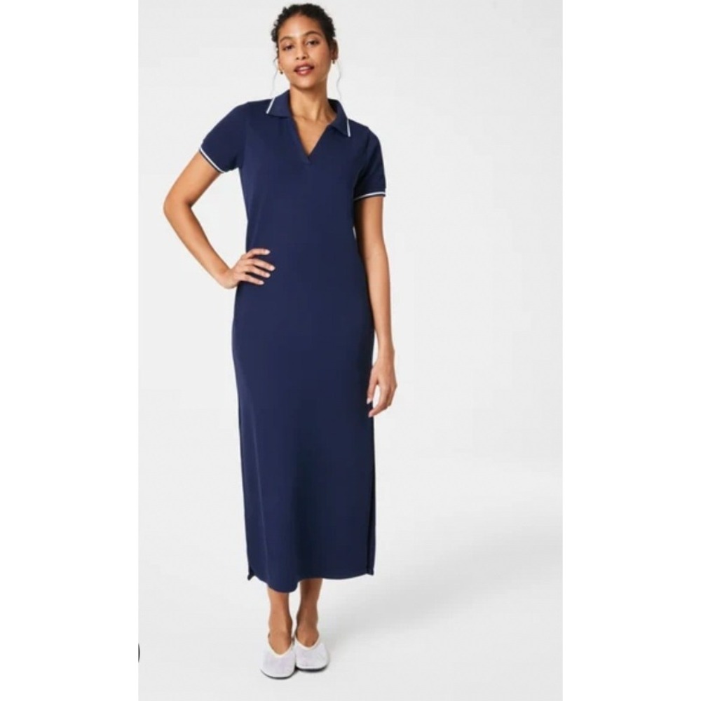 Spanx AirEssentials Polo Maxi Dress Womens Medium Navy Blue Good Slit Pique